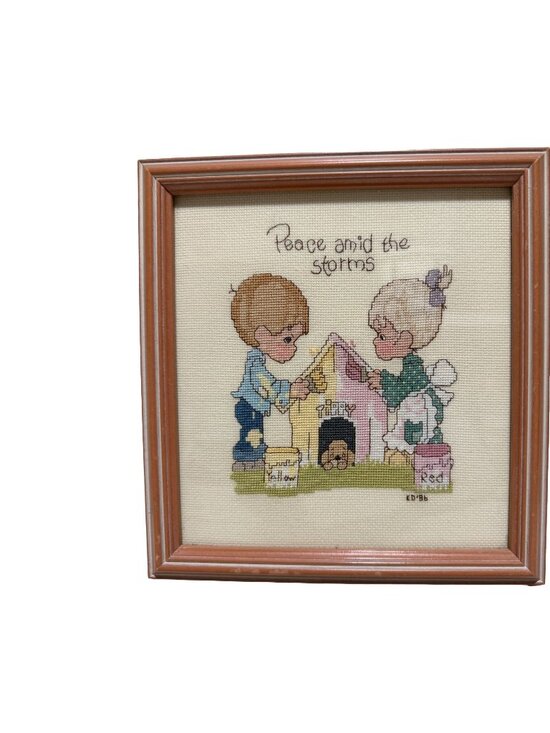 None Other - Peace Amid The Storms Framed Cross Stitch Art 1988 Precious Moments Handmade